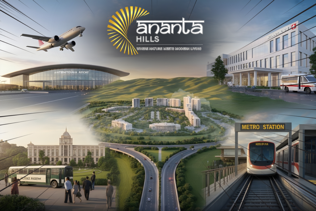Ananta Hills Dehradun location montage showing connectivity to Jolly Grant Airport, nearby hospitals, schools, metro station, and the luxury residential township layout amidst green hills."