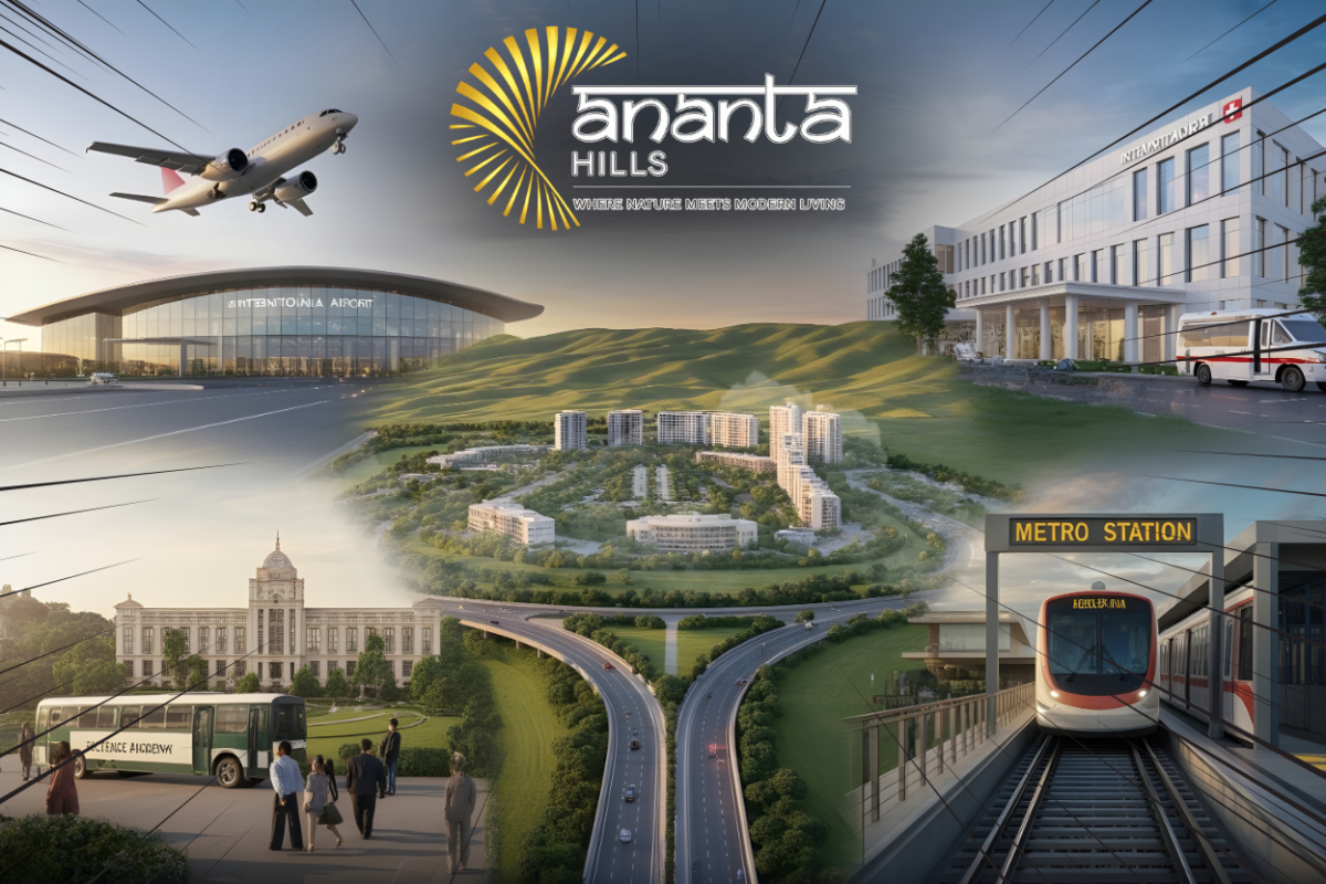 Ananta Hills Dehradun location montage showing connectivity to Jolly Grant Airport, nearby hospitals, schools, metro station, and the luxury residential township layout amidst green hills."