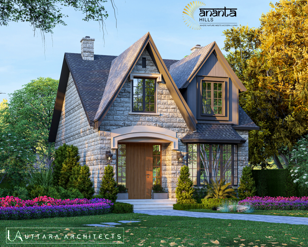 Modern stone cottage villa design by Uttara Architects at Ananta Hills, Dehradun, featuring a sloping roof and landscaped garden.