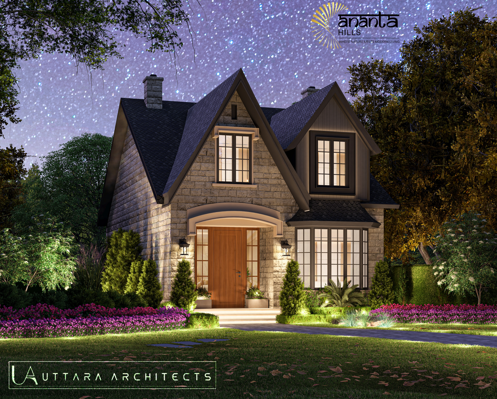 Modern stone cottage villa design by Uttara Architects at Ananta Hills, Dehradun, featuring a sloping roof and landscaped garden.