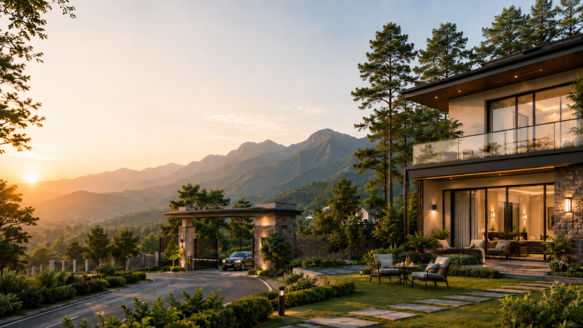 Weekend home in Dehradun at Ananta Hills with luxury plots, mountain views, gated entrance, and premium hill lifestyle near Jolly Grant Airport.
